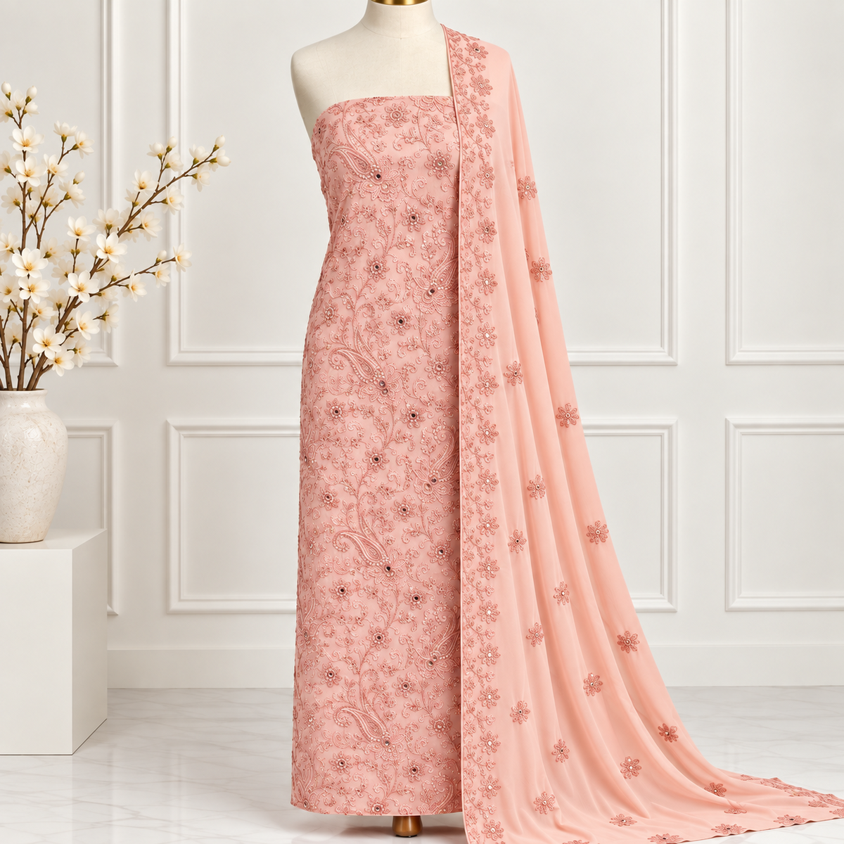 Coral Paisley Embroidered Chiffon 2 Piece