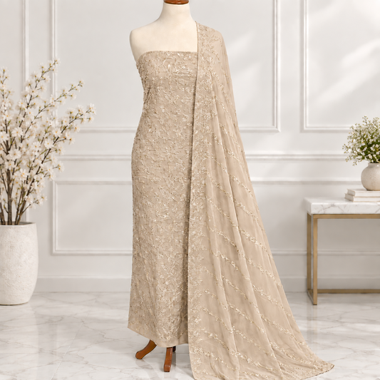 Ivory embroidered chiffon 2 piece unstitched suit