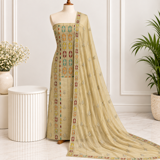 Sand Multicolor Embroidered Chiffon 2 Piece