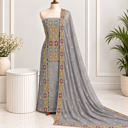 Grey multicolor embroidered chiffon 2 piece unstitched suit