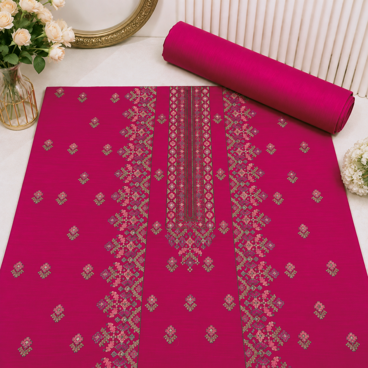 Hot Pink Khaddar Embroidered 2-Piece Suit – Design 274 — unstitched embroidered shirt and plain trouser | TANIAZE