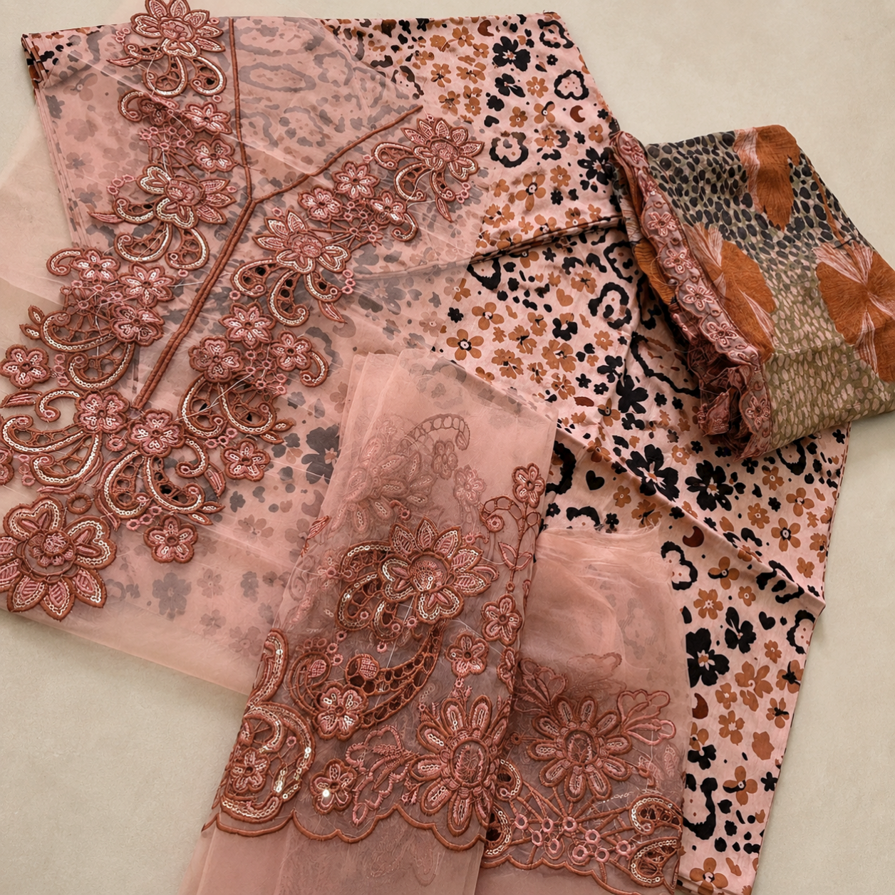 BAROQUE LUXURY LAWN 3PC CHIFFON DOPATTA PEACH