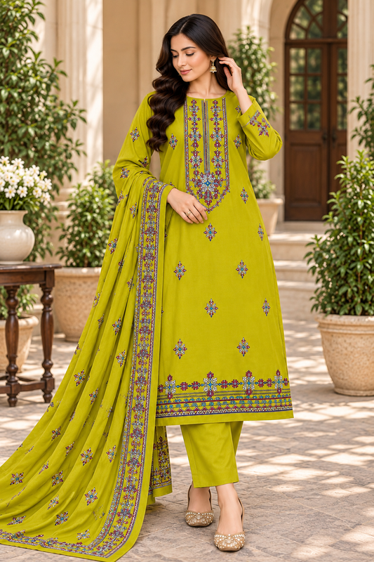 Lime Green Dhanak Embroidered 3-Piece Suit – WPM-800 – Image 1 | TANIAZE