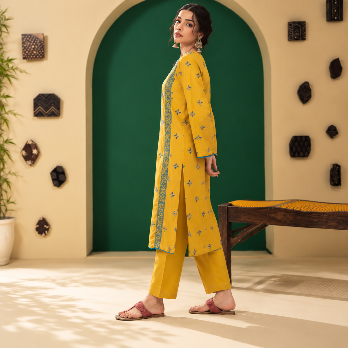 Mustard Yellow | Embroidered Karandi Stitched 2-Piece | WKS-13 — product photograph 4 | TANIAZE