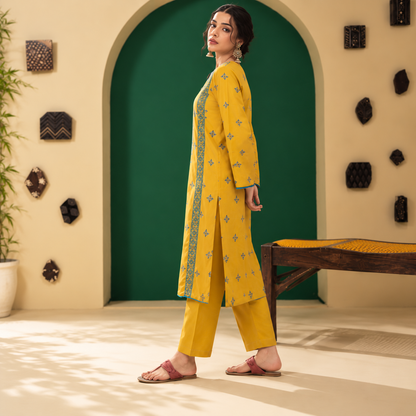 Mustard Yellow | Embroidered Karandi Stitched 2-Piece | WKS-13 — product photograph 4 | TANIAZE