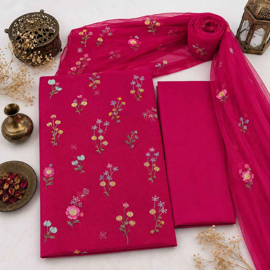 Hot Pink Karandi Embroidered 3-Piece Suit – TZAJ-385 – Image 1 | TANIAZE