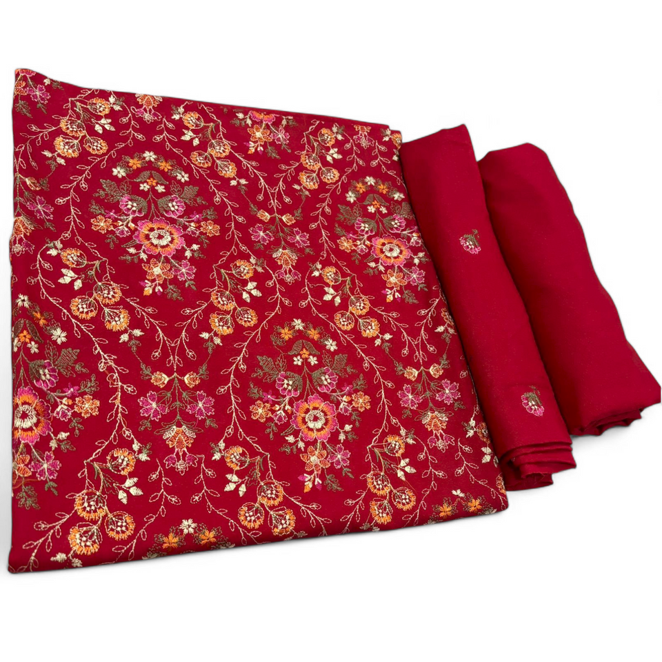 Red unstitched Karandi embroidered 2-piece suit WKU-919 by TANIAZE — shirt and trouser