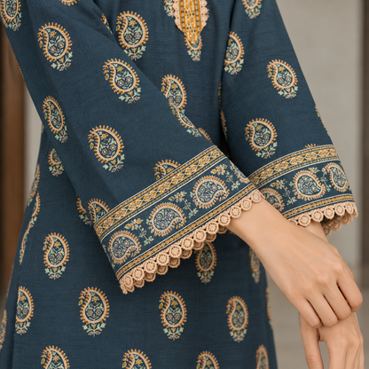 Elara printed khaddar stitched 3 piece suit with khaddar dupatta - TANIAZE