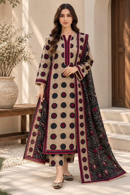 Rania printed khaddar stitched 3 piece suit with khaddar dupatta - TANIAZE