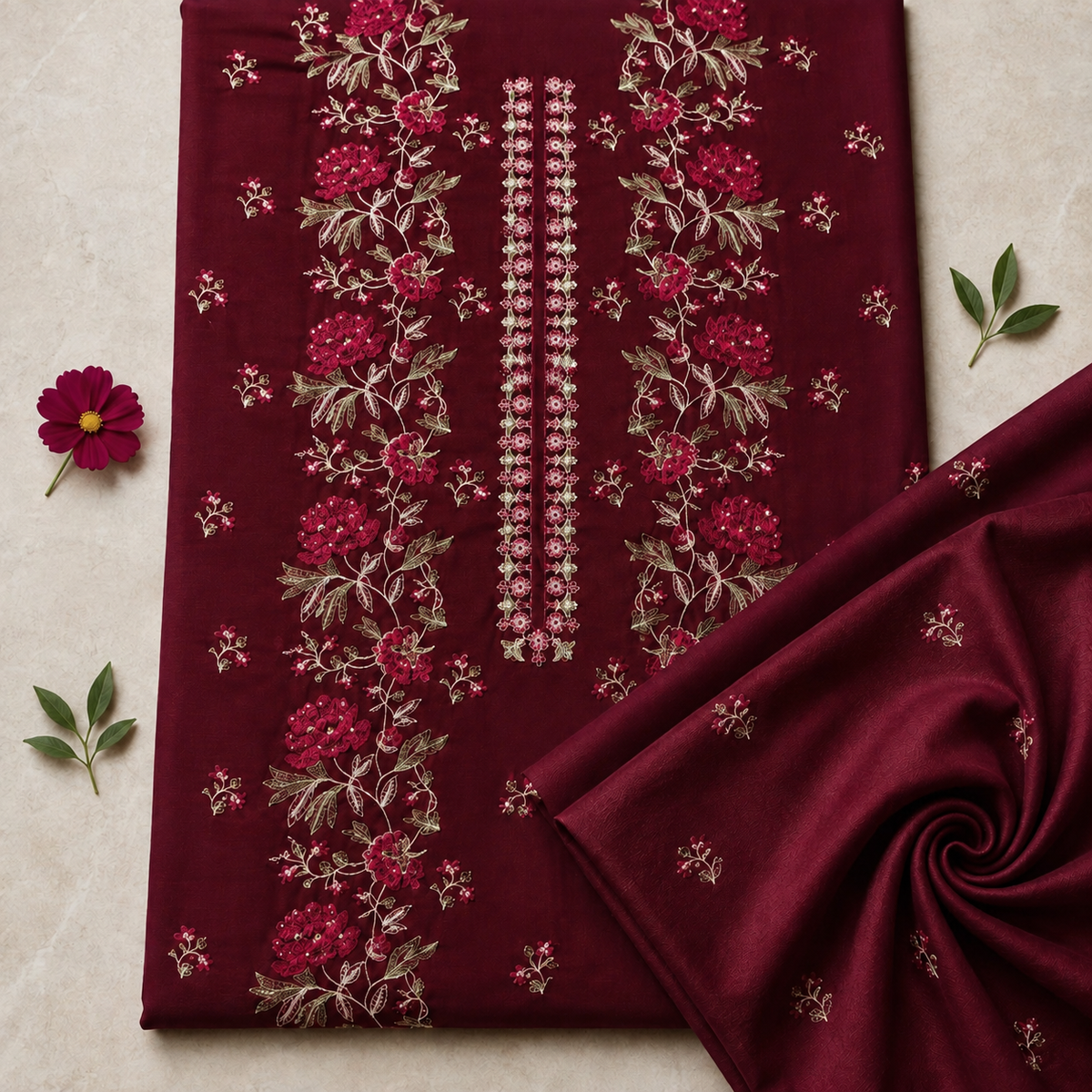 Maroon women's unstitched Karandi embroidered 2-piece suit TZAJ-2359 by TANIAZE