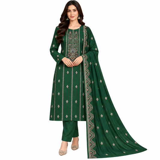 Green Dhanak Embroidered 3-Piece Suit – WPM-802