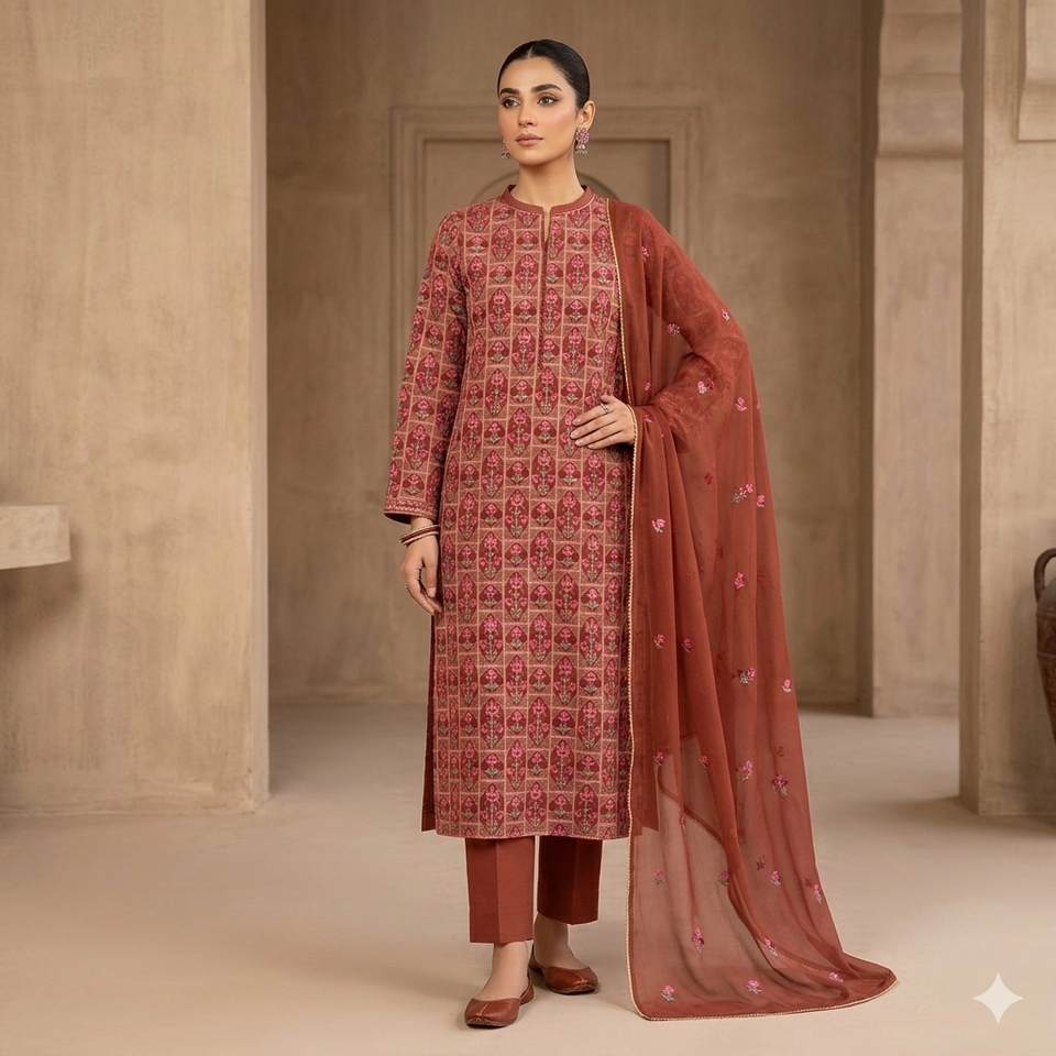 Lawn Embroidered 3-Piece Suit Chiffon Dupatta – Image 1 | TANIAZE