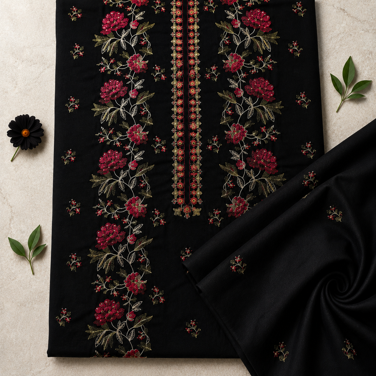 Black unstitched Karandi embroidered 2-piece suit TZAJ-2357 by TANIAZE — shirt and trouser
