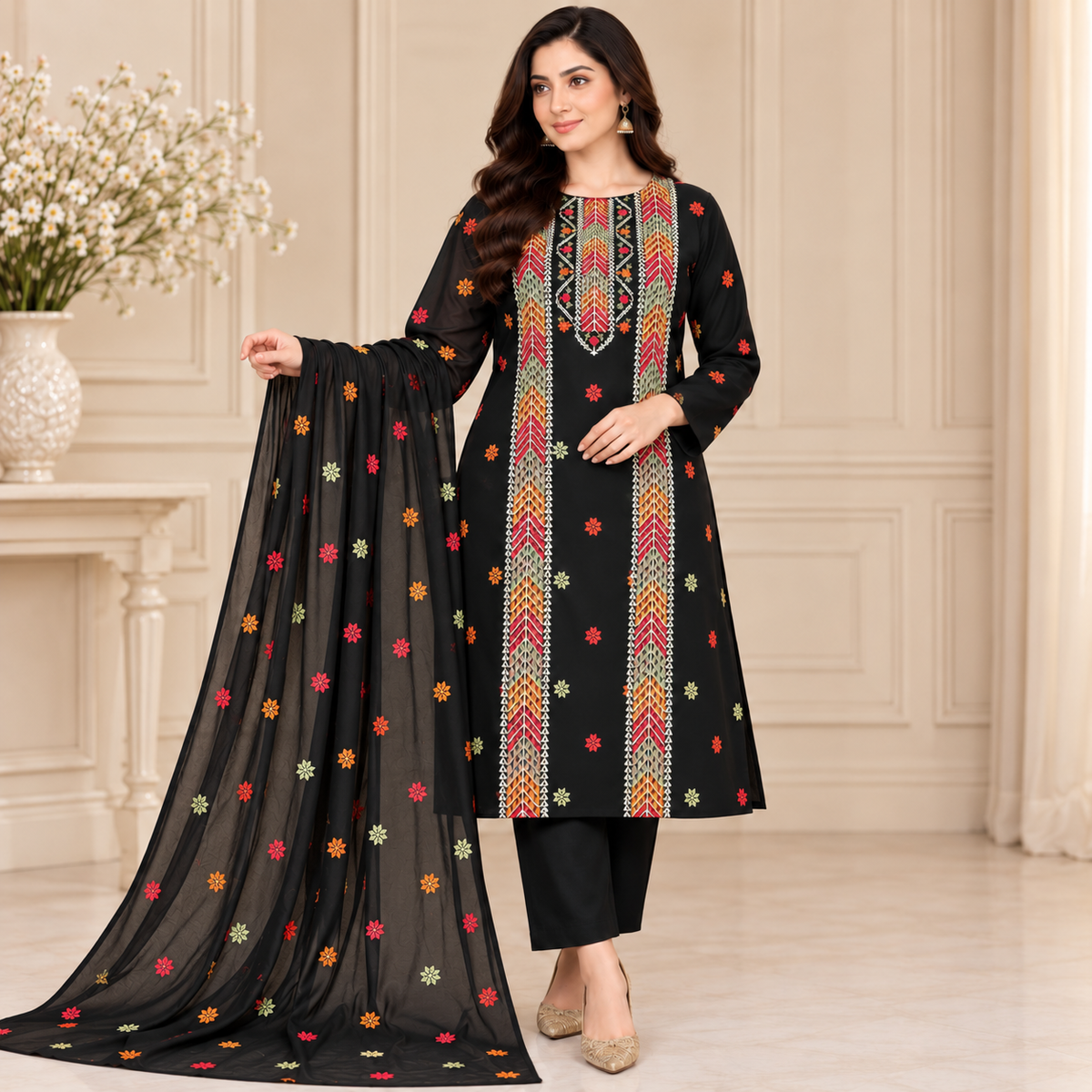 Black Karandi Embroidered 3-Piece Suit – TZAJ-394 | TANIAZE
