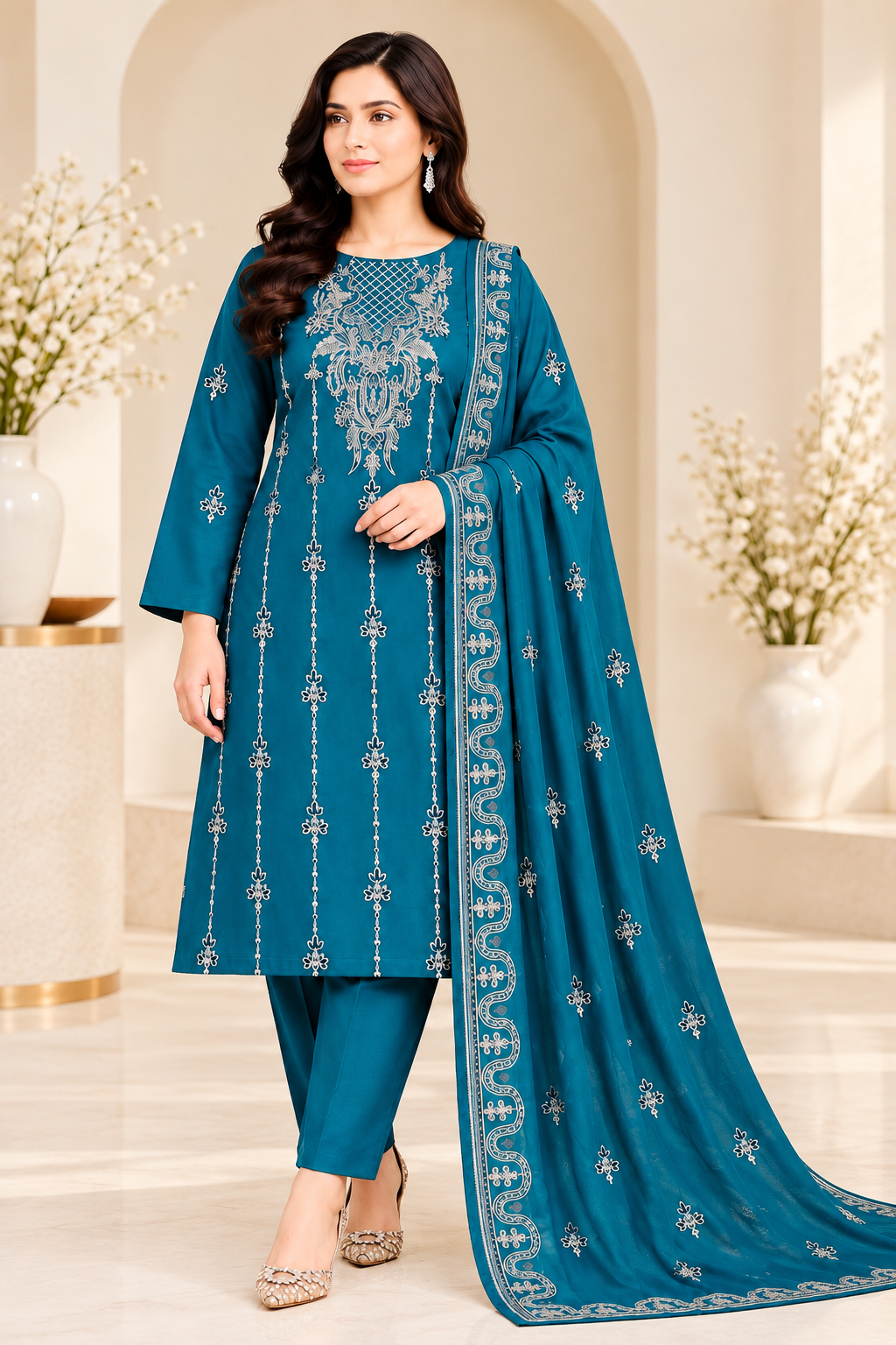 Blue Dhanak Embroidered 3-Piece Suit – WPM-819