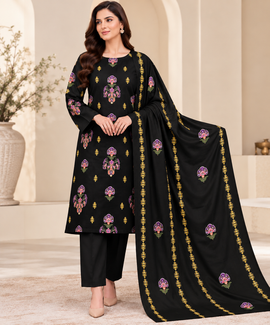 Black Dhanak Embroidered 3-Piece Suit – WPM-824 — product photograph 1 | TANIAZE