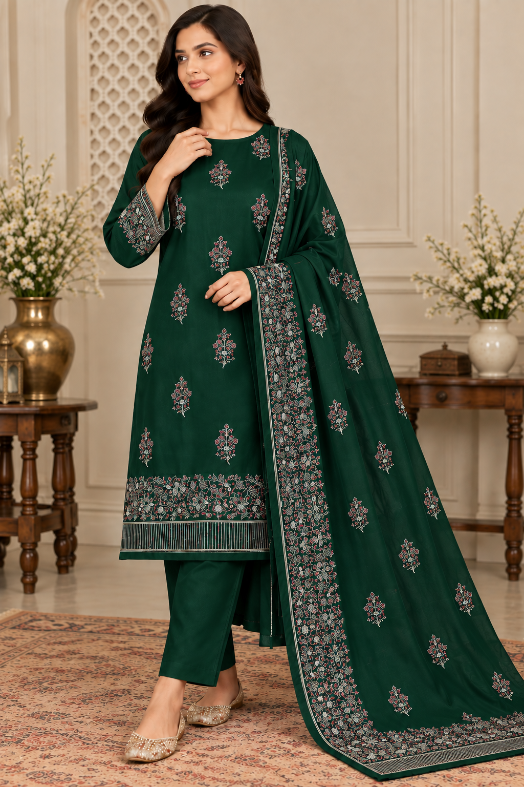 DHANAK EMBROIDERED 3-PIECE GREEN WPM-789