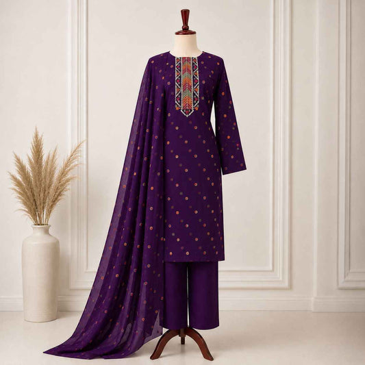 Deep Purple Karandi Embroidered 3-Piece Suit – TZAJ-391 – Image 1 | TANIAZE