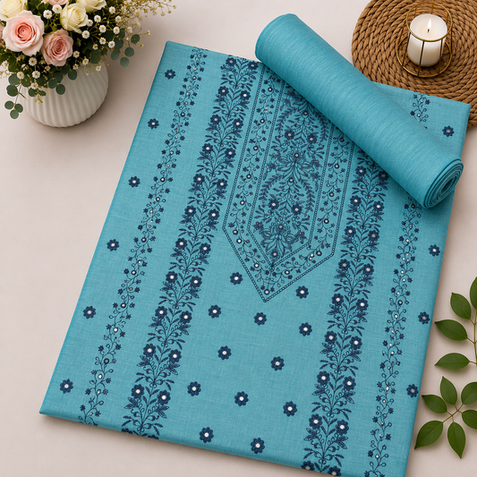 Turquoise Blue Khaddar Embroidered 2-Piece Suit – Design 260 – Image 1 | TANIAZE
