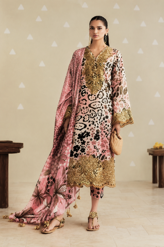 BAROQUE LUXURY LAWN 3PC CHIFFON DOPATTA PEACH