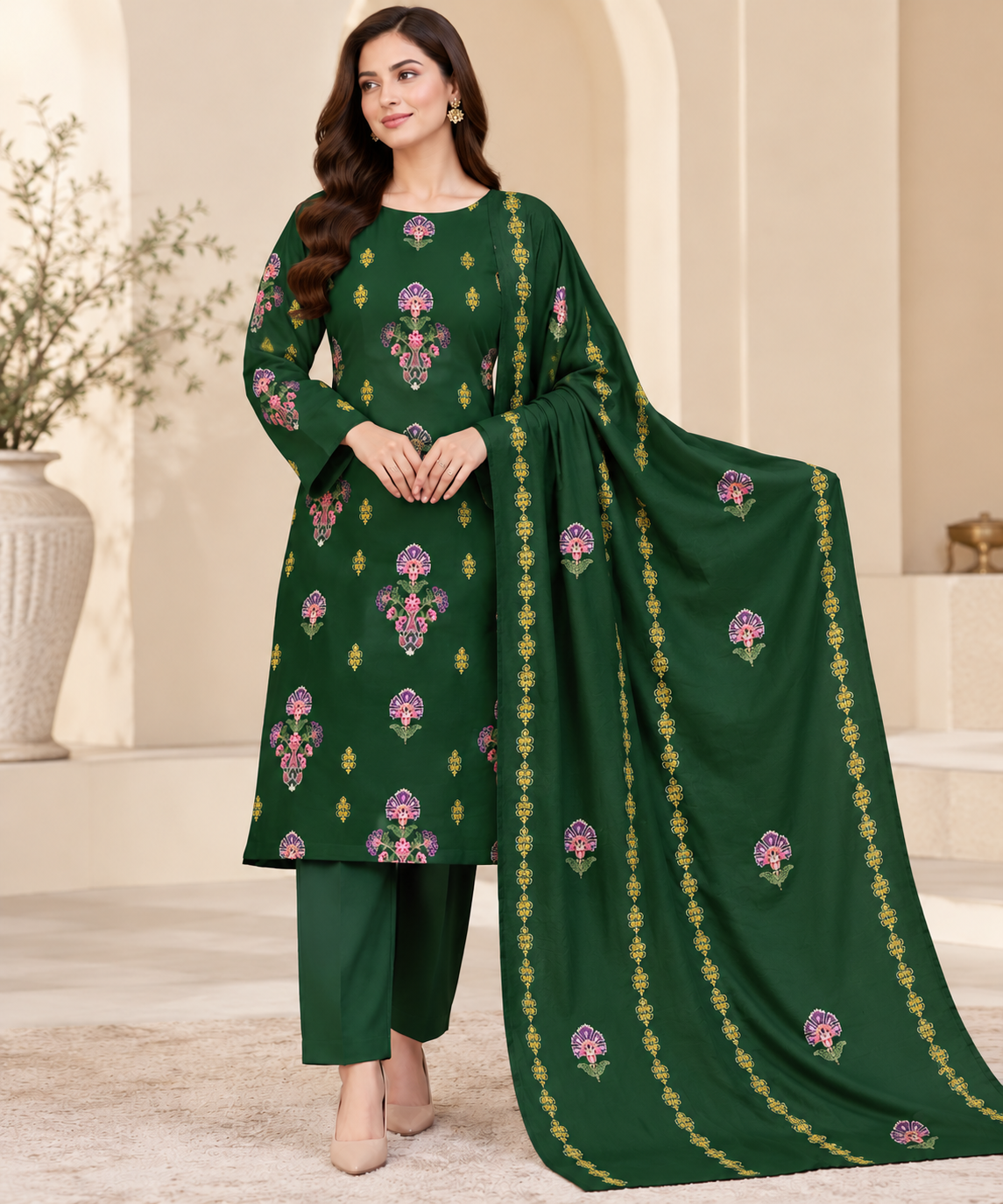 Green Dhanak Embroidered 3-Piece Suit – WPM-821