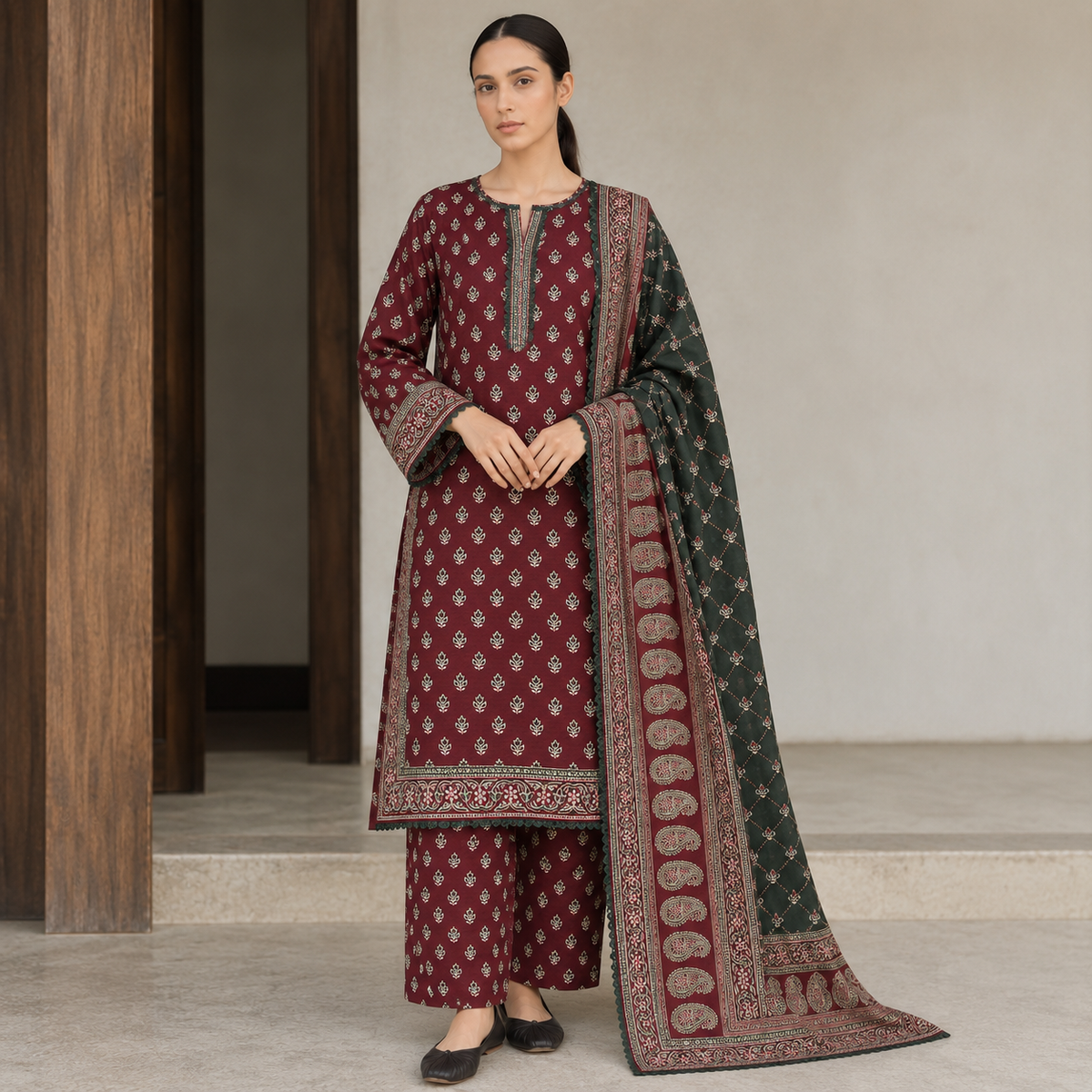 Naira printed khaddar stitched 3 piece suit with khaddar dupatta - TANIAZE