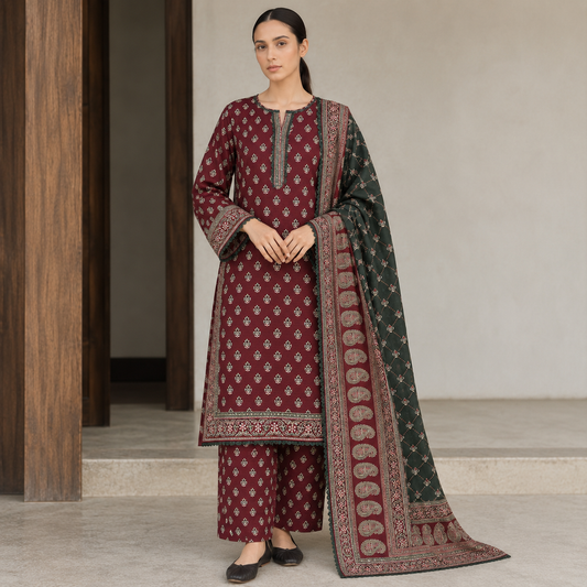 Naira printed khaddar stitched 3 piece suit with khaddar dupatta - TANIAZE