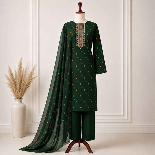 Bottle Green Karandi Embroidered 3-Piece Suit – TZAJ-393 – Image 1 | TANIAZE