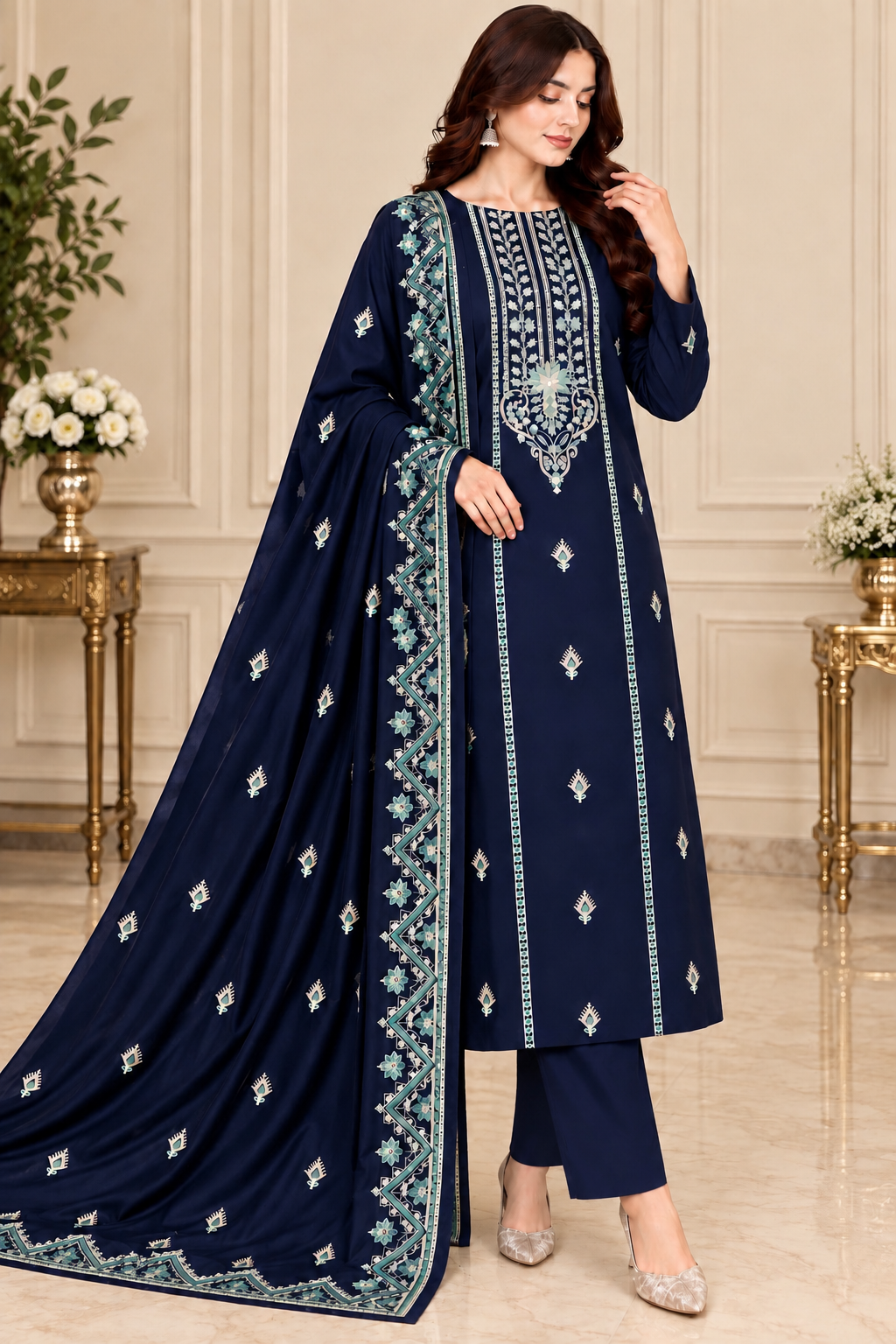 Blue Dhanak Embroidered 3-Piece Suit – WPM-818