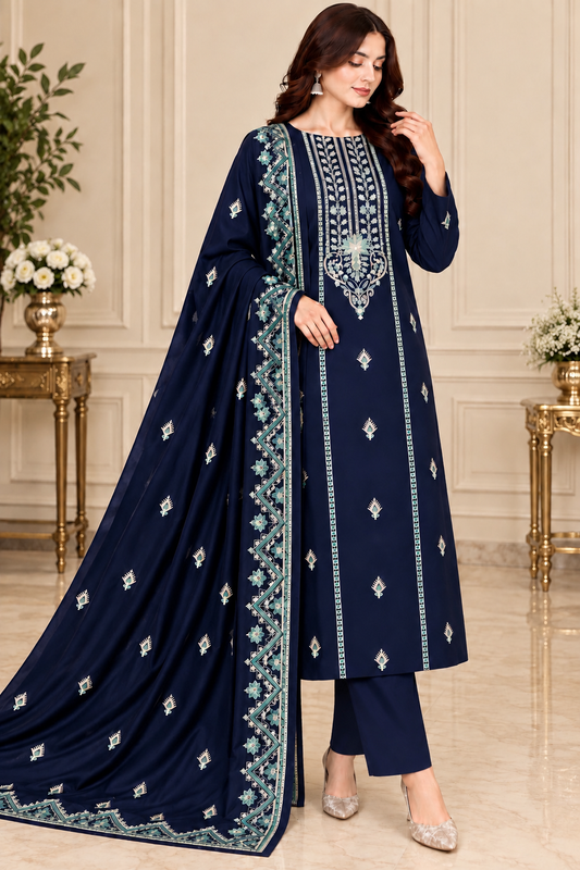 Blue Dhanak Embroidered 3-Piece Suit – WPM-818