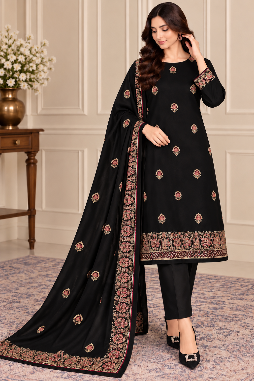 DHANAK EMBROIDERED 3-PIECE BLACK WPM-798