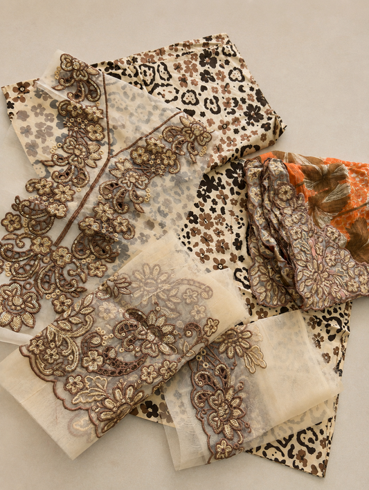 BAROQUE LUXURY LAWN 3PC CHIFFON DOPATTA BROWN SKIN