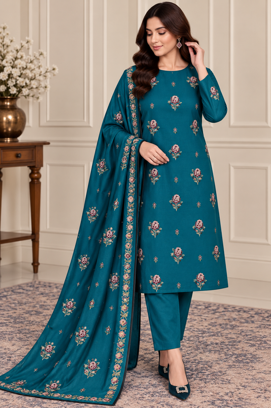Zinc Dhanak Embroidered 3-Piece Suit – WPM-792 – Image 1 | TANIAZE