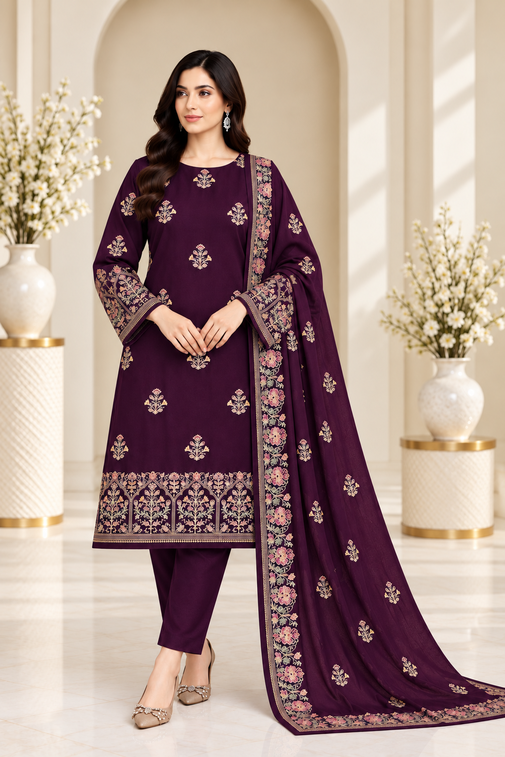 Purple Dhanak Embroidered 3-Piece Suit – WPM-826