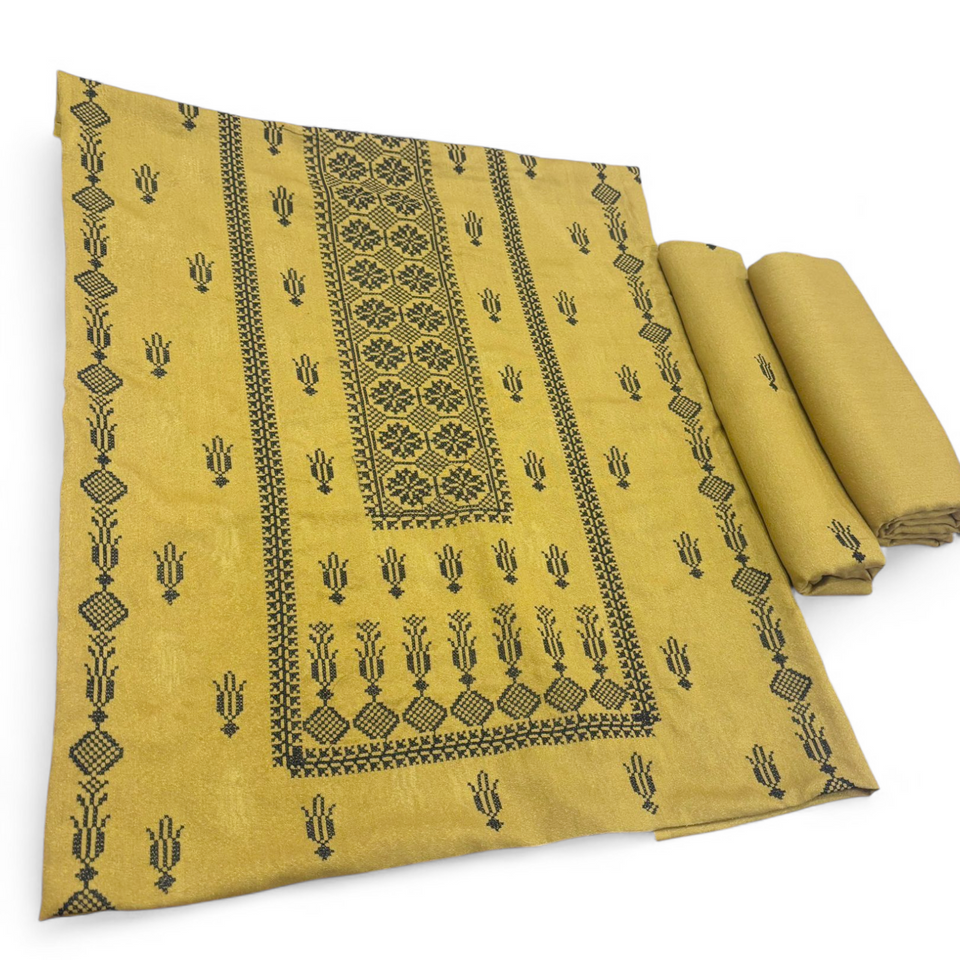 Mustard unstitched Karandi embroidered 2-piece suit WKU-904 by TANIAZE — shirt and trouser