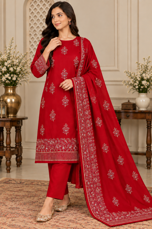 Deep Red Dhanak Embroidered 3-Piece Suit – WPM-785 – Image 1 | TANIAZE