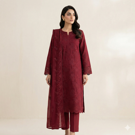 LAWN EMBROIDERED 3PC CHIFFON DOPATTA - TANIAZE