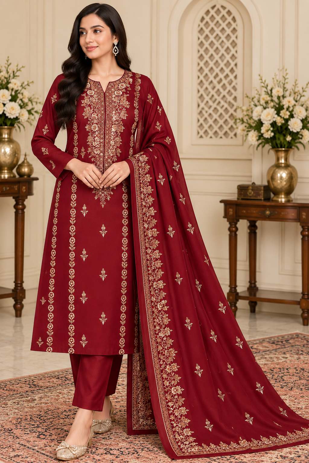 DHANAK EMBROIDERED 3-PIECE MAROON WPM-782