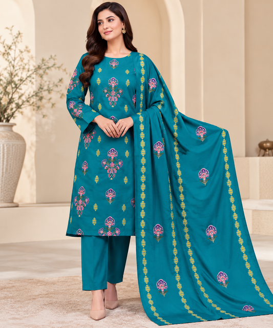 Zinc Blue Dhanak Embroidered 3-Piece Suit – WPM-822 — product photograph 1 | TANIAZE