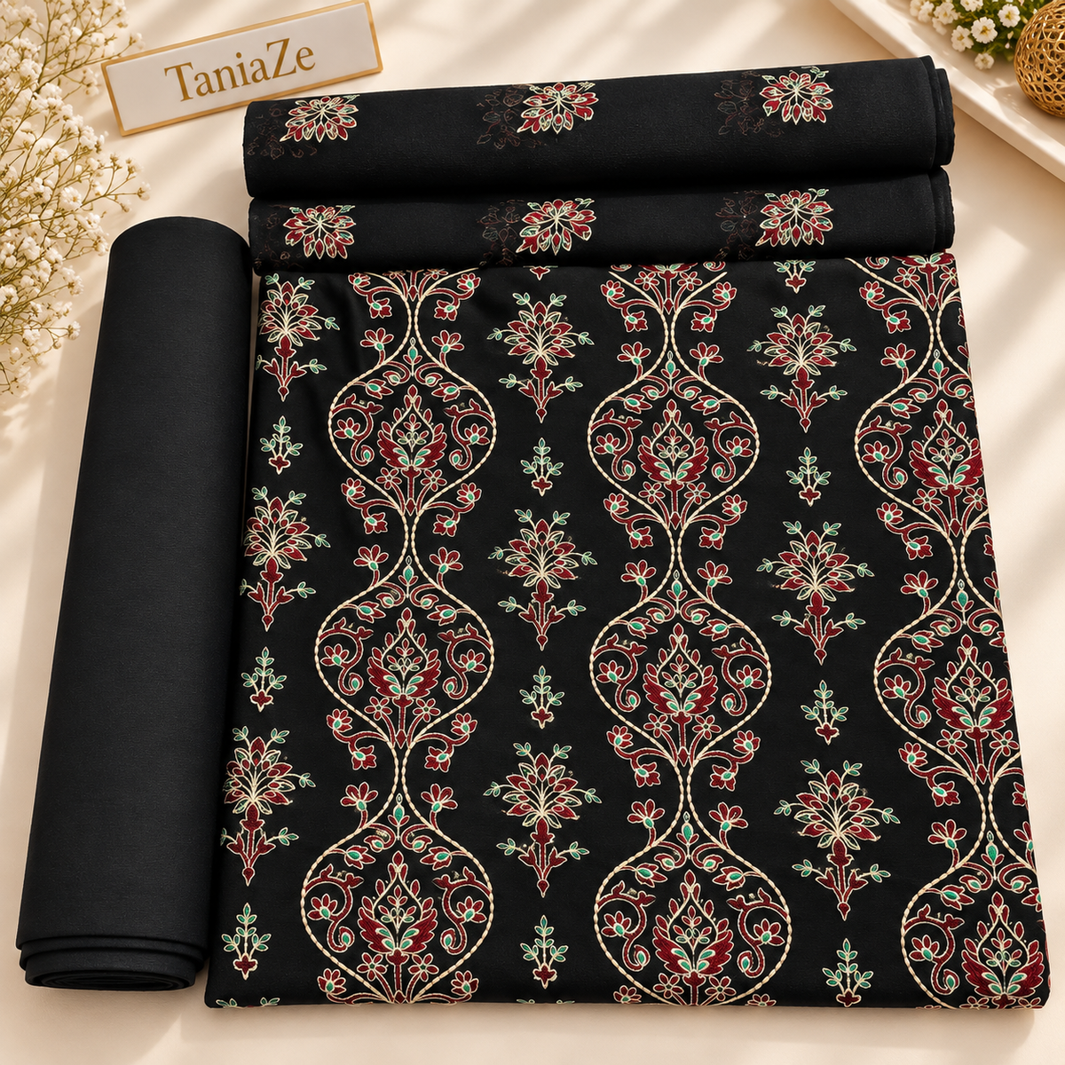 Black Karandi Embroidered 3-Piece Suit – TZAJ-404