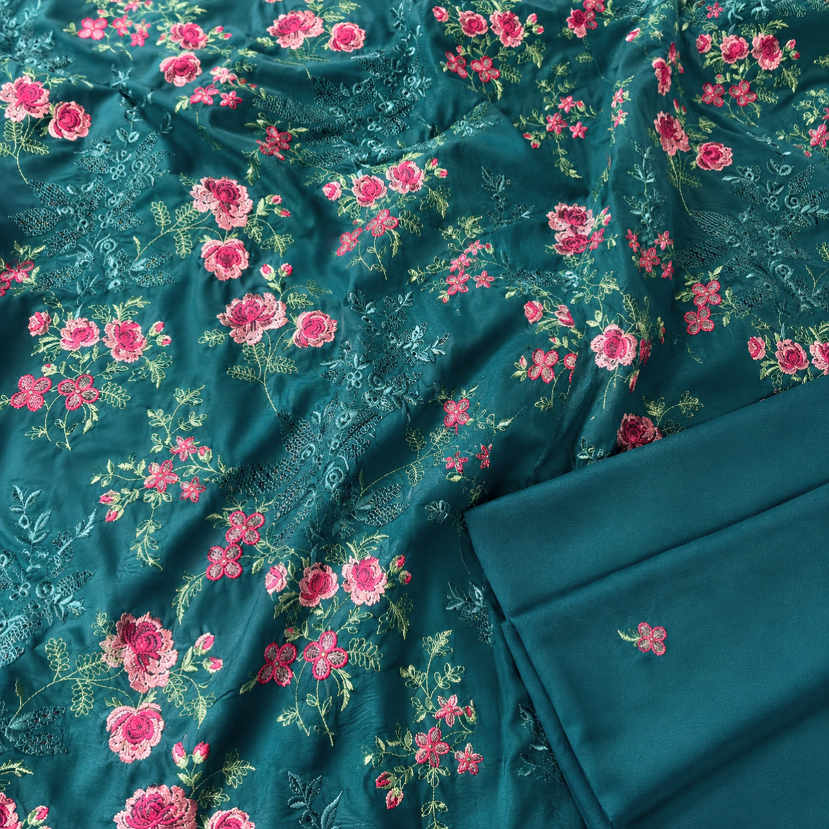 Teal Blue Karandi Embroidered 2-Piece Suit – TZAJ-2378 — unstitched embroidered shirt and plain trouser | TANIAZE