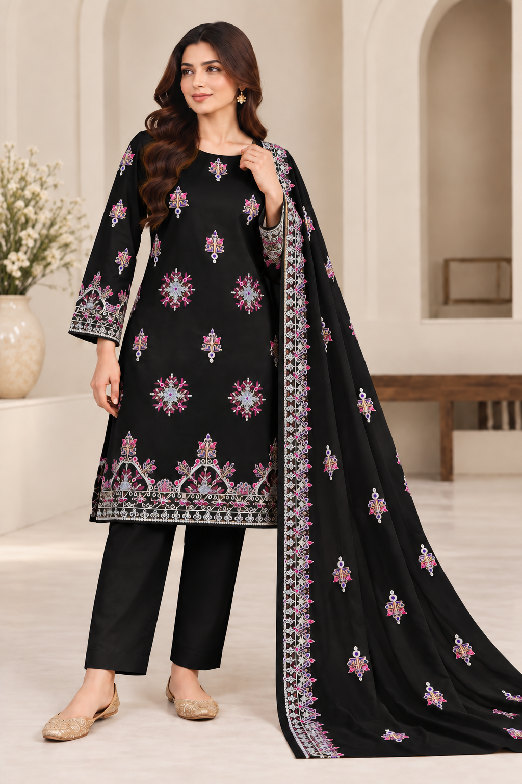 Black Dhanak Embroidered 3-Piece Suit – WPM-820