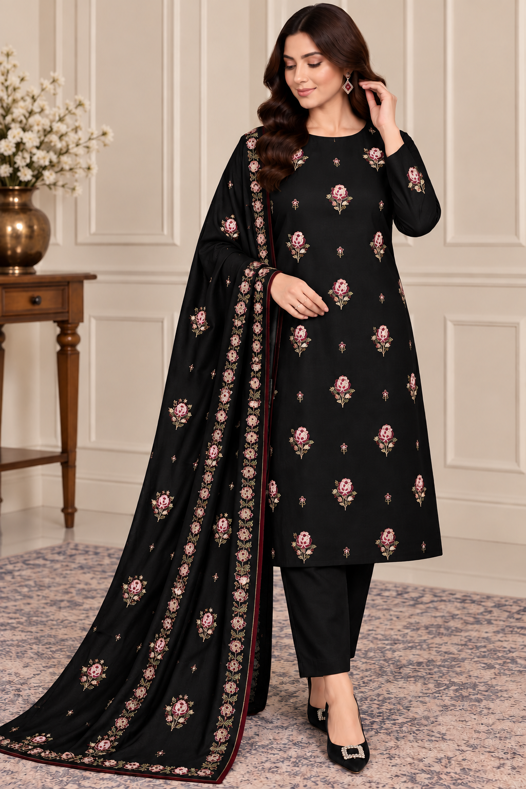 DHANAK EMBROIDERED 3-PIECE BLACK WPM-794