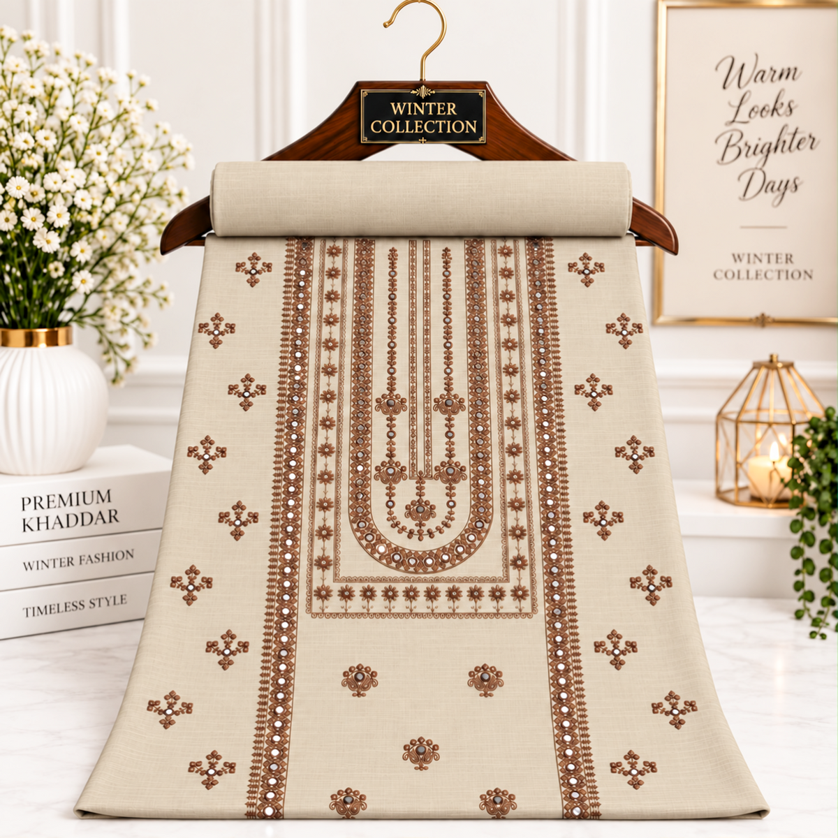 Beige Khaddar Embroidered 2-Piece Suit – Design 10110, unstitched shirt and trouser | TANIAZE