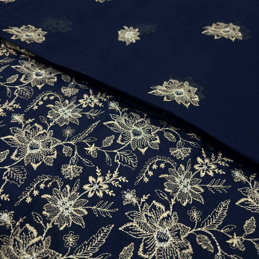 Navy Blue women's unstitched Karandi embroidered 3-piece suit TZAJ-180 by TANIAZE