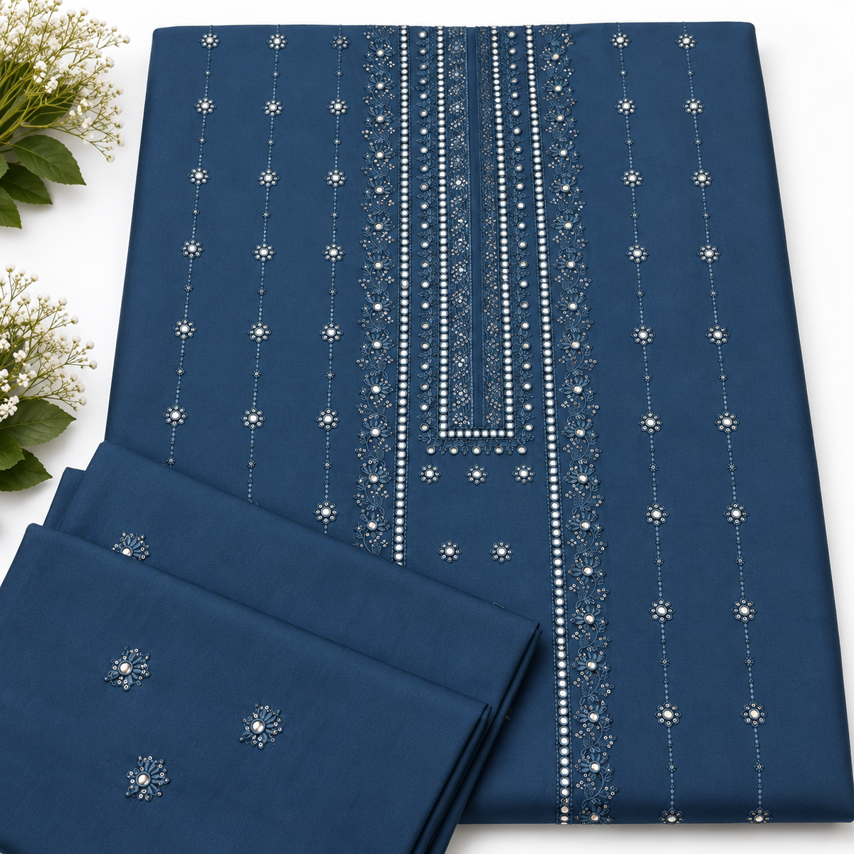 Navy Blue Karandi Embroidered 2-Piece Suit – TZAJ-2399
