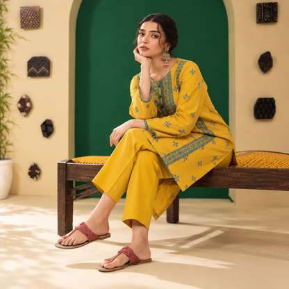 Mustard Yellow | Embroidered Karandi Stitched 2-Piece | WKS-13 — product photograph 3 | TANIAZE