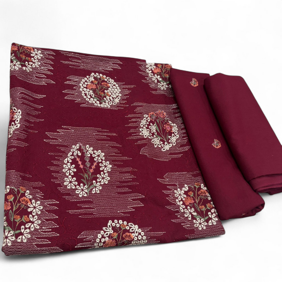 Maroon unstitched Karandi embroidered 2-piece suit WKU-892 by TANIAZE — shirt and trouser