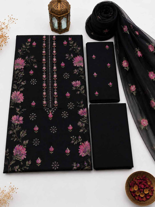 Black Karandi Embroidered 3-Piece Suit – TZAJ-388 – Image 1 | TANIAZE