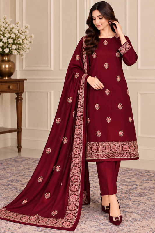 Maroon Dhanak Embroidered 3-Piece Suit – WPM-796 – Image 1 | TANIAZE
